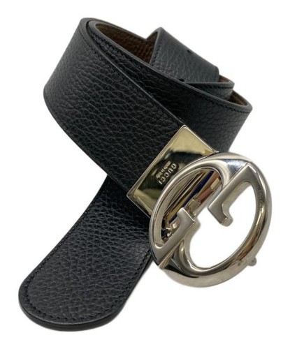 GUCCI                    Interlocking G buckle leather belt Black x Brown 449715