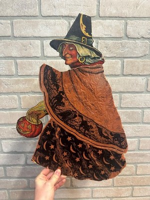 SCARCE Vintage 1930s Halloween Diecut Beistle Walking Witch Crepe Paper Antique