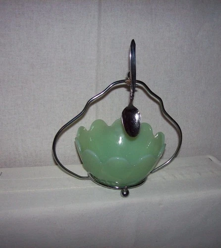 VINTAGE FIRE KING JADEITE LOTUS BLOSSOM ~  CONDIMENT BOWL w/CADDY & SPOON