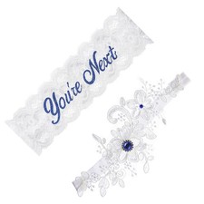 2pcs Wedding Garter Set Lace Belt Blue Rhinestones White Flower Bridal Prom