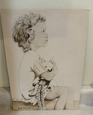 Croquis art crayon/farbon 1974 Keith Schmidt « Fille et son chat » signé RARE