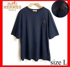 USED HERMES MINI LEATHER PATCH T-SHIRT, SIZE L, NAVY, PUZZLE EQUESTRE GOOD
