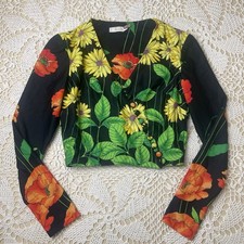 Vintage 1970s Women's 8 Black Floral Cropped Long Sleeve Disco Top
