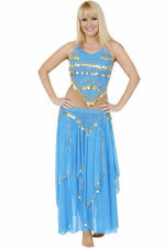 Blue Belly Dance Costume Gold Coin Halter Top Skirt Set Women s Dancewear Outfit
