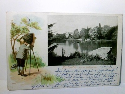 Karlsruhe. Alte Ansichtskarte / Lithographie s/w u. farbig, gel. 1899. 2 Ansicht