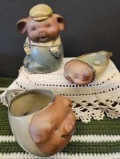 Vintage UCTCI Pottery Pig Grease Jar,spoon Rest And Creamer, Earthtones