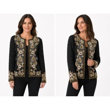 Vintage Beaded Sequin Evening Jacket Black Gold Paisley Floral Open Front Silk