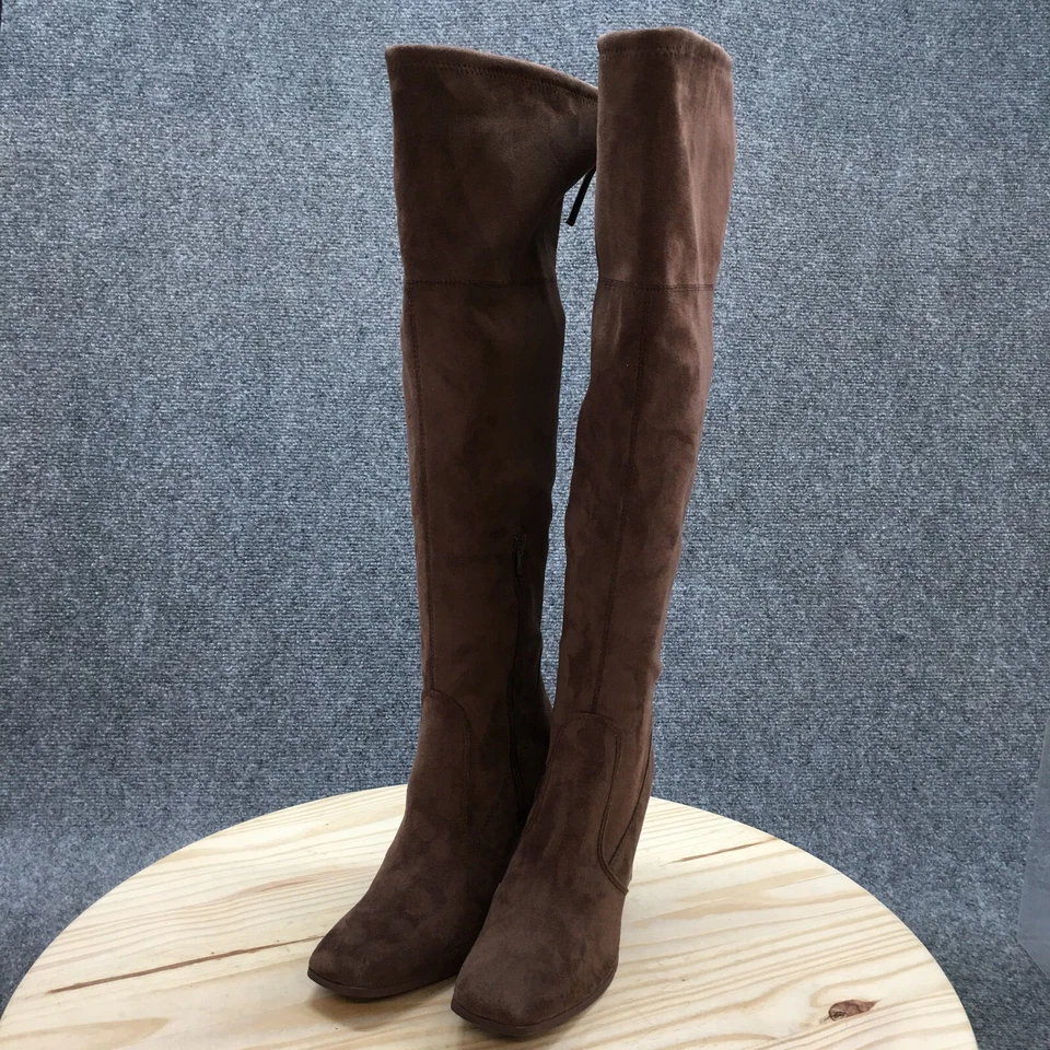 Forever 21 Botas Mujer 8 Altas Hasta la Rodilla Marrón Gamuza Tacones Cremallera Puntera Cuadrada Foto 3 de 4