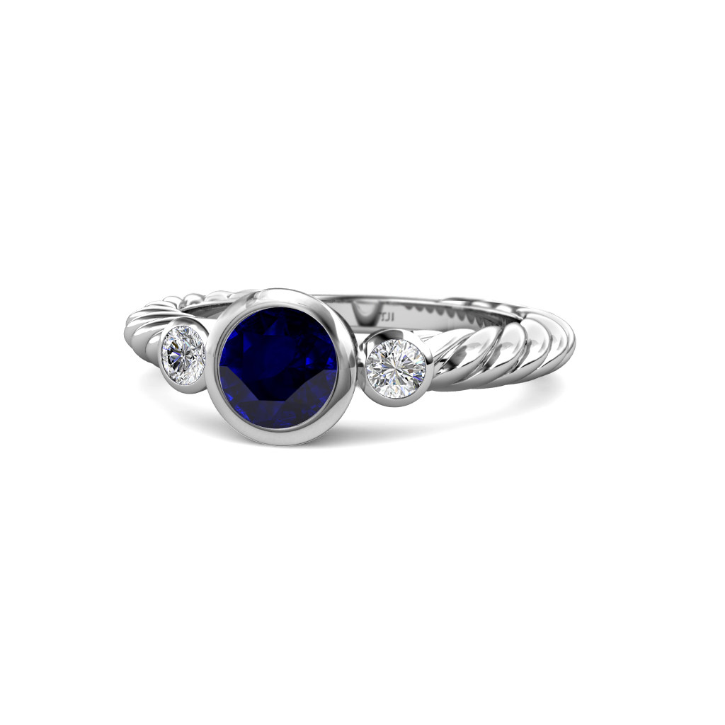 Blue Sapphire and Diamond Three Stone Rope Ring 0.73 ctw 14K Gold JP ...