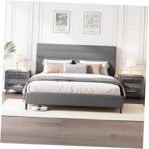 Queen Bed Frame, Modern Upholstered Bed Frame with Adjustable Linen Headboard,