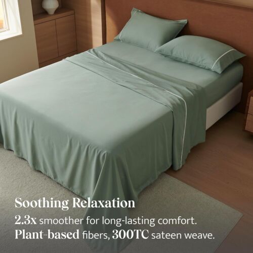 Luxury Cooling Double Stitch Cotton Tencel Sheets - California King, Sage Green - Picture 6 of 8