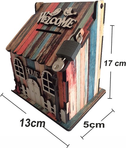 Wooden House Piggy Bank Money Box for Cash Coin and Jewellery Handmade Safe M... - 第 9/9 張圖片