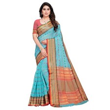 Women's Kota Doria Cotton Manipuri Saree With Unstitched Blouse Piece