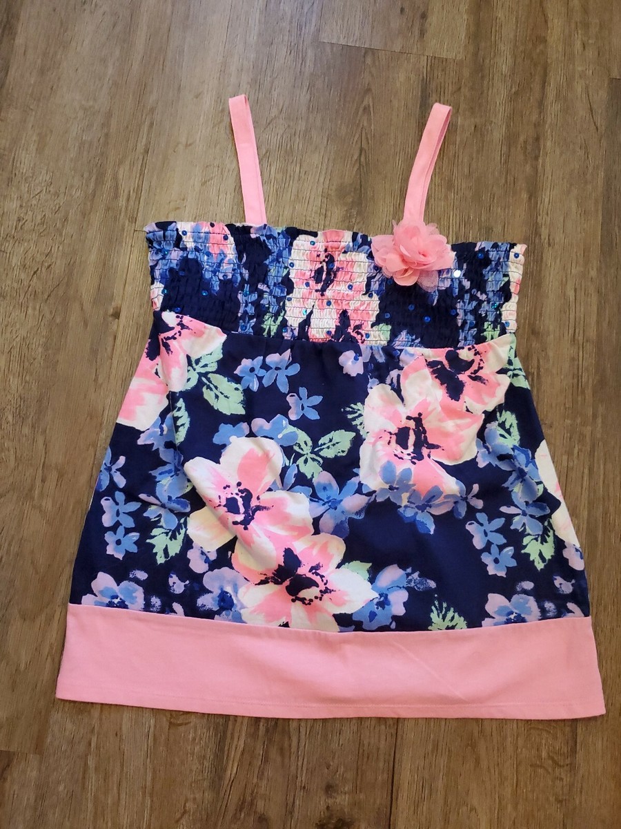Débardeur Floral Justice Fille Taille 12 Bleu Marine Rose Vif - Sans Manches - Occasion Très Bon état