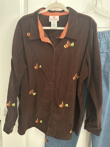 Quacker Factory Womens XL Fall Autumn Embroidered Leaves Jeans & Corduroy Shirt - Picture 2 of 12