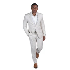 Slim Fit Tan Men's Linen Suit 2 Button Notch Lapel Flat Front Pants AZAR MAN