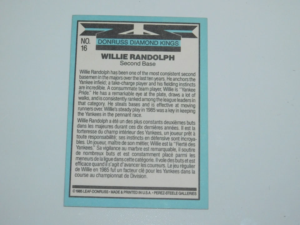 1986 Donruss Diamond Kings Willie Randolph New York Yankees #16 - Image 2 of 2