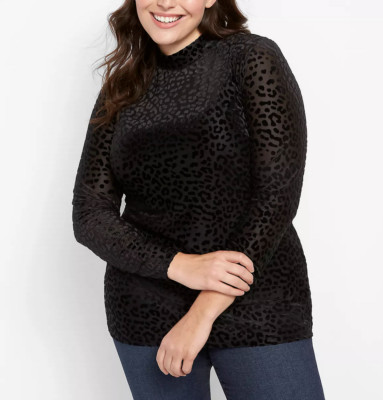 LANE BRYANT BLACK LONG SLEEVE MOCK-NECK LEOPARD PRINT SHEER MESH TOP Sz 22/24
