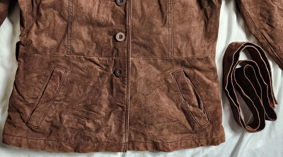 G3 GiiI Women's Leather Jacket With Belt Button Up Brown Lined Size Large - Image 3 of 4