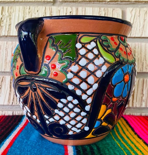 Lg MEXICAN TALAVERA Folk Art POTTERY FLOWER POT PLANTER CERAMIC #1 - Picture 5 of 11