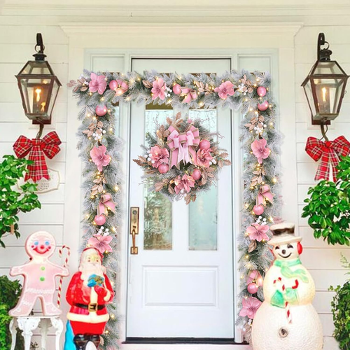 6 Feet Christmas Pink Garland for Front Door with 30 LED Lights,Festive Lighted - Picture 5 of 7