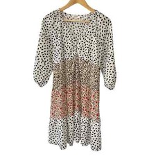 Umgee Multi Print Tiered Boho Dress Womens Small 3/4 Sleeve Pullover V-Neck