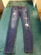 American Eagle Jeans Womens Sz 00 Blue Stretch Pant Mid Rise Jegging Distressed