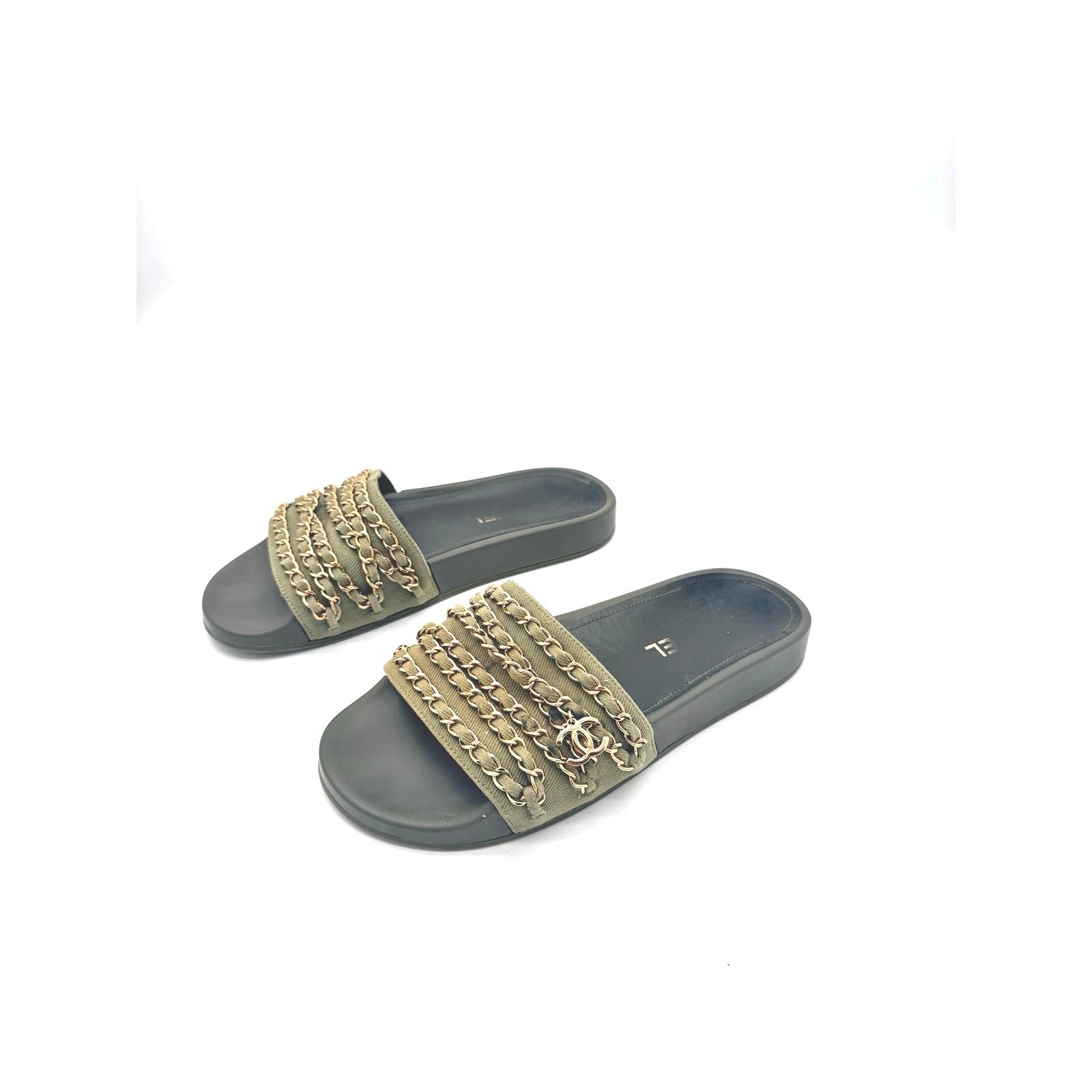 CHANEL Khaki Green Canvas Chain Link Slide Sandals CC Charm Gold Size EU 38