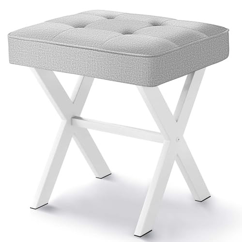 Ottoman Foot Stool, Upholstered Cushion Vanity Stool with White Metal X - Picture 7 of 7