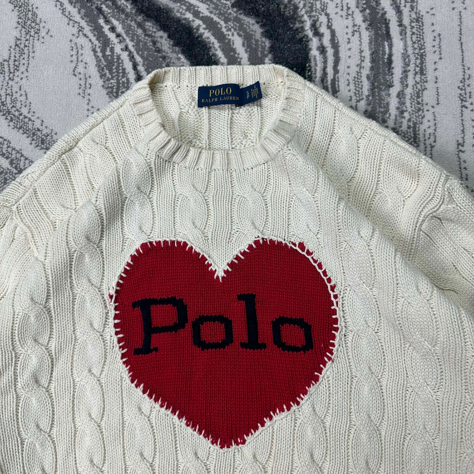 Vintage Ralph Lauren Polo Heart Cream Oversized Sz S Crew Neck Cable Knit Jumper image 2