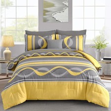 Yellow Comforter Set Queen Size,8 Pieces Bed in a Bag Patchwork Striped Bedding