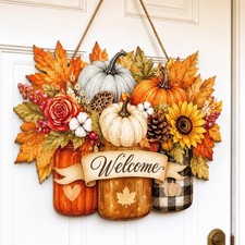 Fall Door Decor Wooden Pumpkin Door Hanger, Welcome Sign for Front Door