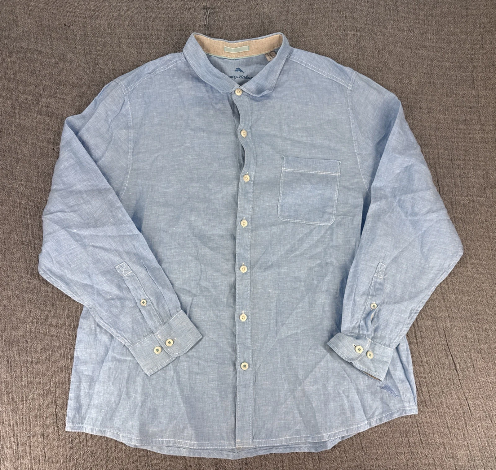 Tommy Bahama 100% Linen Shirt Men's 2XL Blue Long Sleeve Button Up Pocket