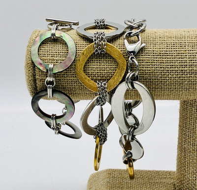 Chain Link Bracelets Lot of 3 Multicolor Abalone Shell Metal Jewelry