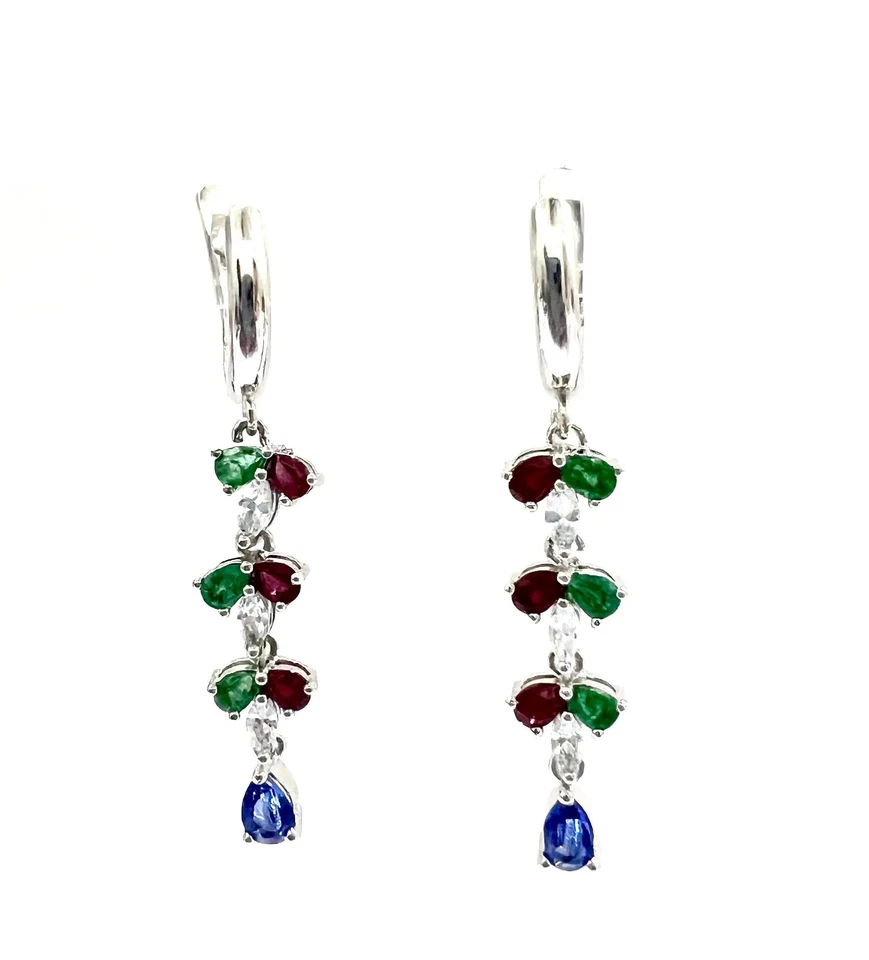 Ruby Emerald Kyanite Earrings: Sterling Silver Lever Back Gemstone Dangle - Image 3 of 4