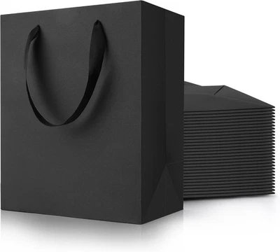 PRI Black Gift Bags With Handles: 8x5x10 Inch 50 Pack Medium Paper Bags Bulk For