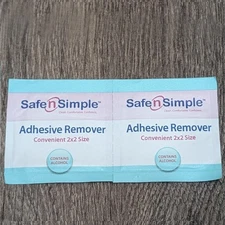 2 Wipes • 2"x2" Pads • New • Safe n Simple • Adhesive Remover • Exp 10/26 • Qty2