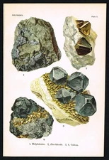 1911 Galena Zinc-blende Molybdenite – Antique Mineral Lithograph – Plate 5