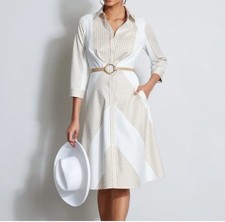 Ellie Tahari Women’s A-Line Striped V-Neck Collared Midi Dress Belted NWT