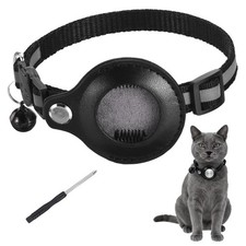 8.7"-13.4" Cat Tracker Collar with Leather Tracker Holder 1Pcs Black