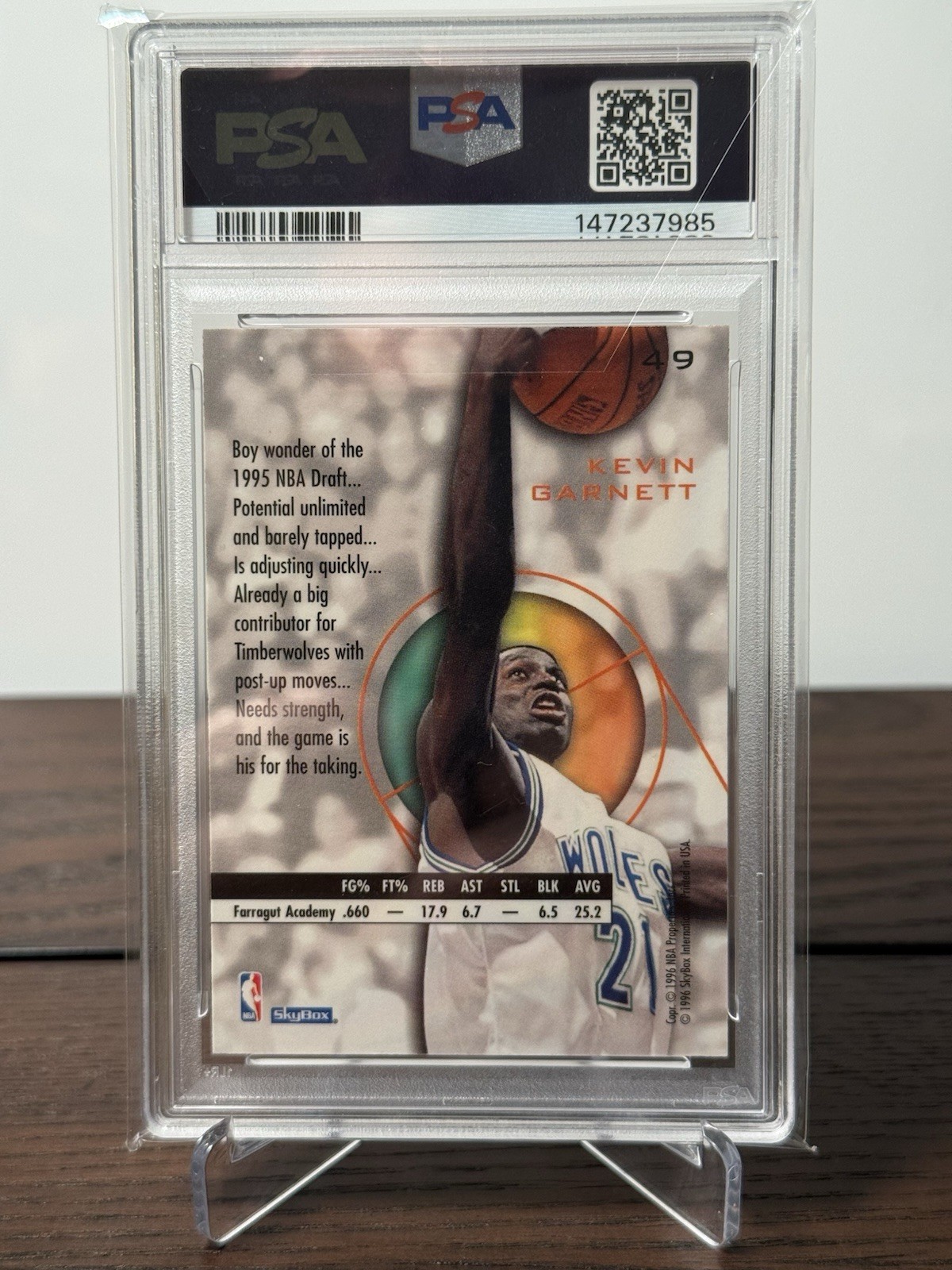 1995-96 SkyBox E-XL Kevin Garnett #49 Rookie RC PSA 9 MINT Timberwolves Vintage view 2