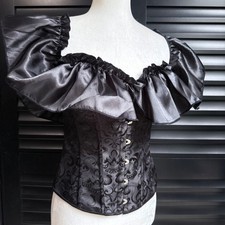 Whimsigoth Brocade Corset Top with Satin Bust Ruffle Boning  Laces Large Black