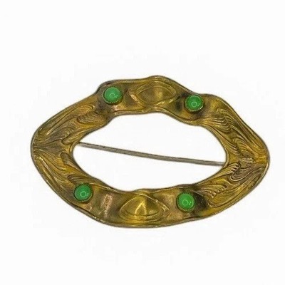 Antique Art Noveau Sash Pin Brooch  Green Stone Gold Tone C Clasp Oval Victorian