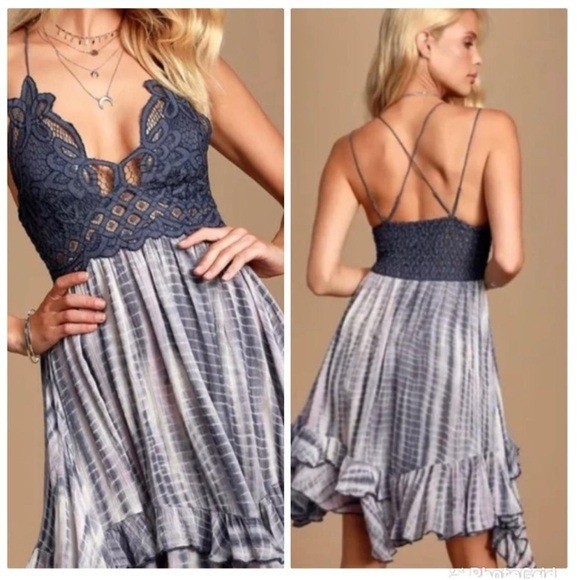 Free People One Adella Tie Dye Woven Slip Gauze Swing Mini Dress Blue Medium