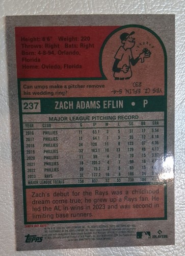 Topps Heritage High Number 2024 - Zach Eflin #237 cromo/699 - Imagen 2 de 2