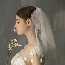 Neat Ivory Wedding veil Two Layer pearl Edge Bridal Veil Elbow Length