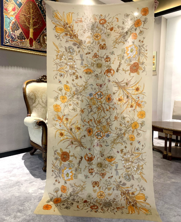 100% Wool Scarf Shawl Bandana Square Blossoms Print Neckerchief 200X100cm Wrap