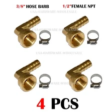 4PC 3/8" Hose Barb Elbow X 1/2" FEMALE NPT Brass Pipe Fitting NPT Thread clamp