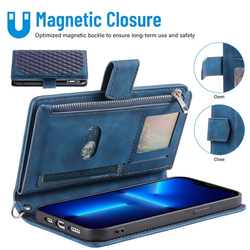 Zipper Grid Leather Wallet Phone Case For iPhone 14 13 12 11 Pro Max X XR SE 8 7 - Picture 24 of 55