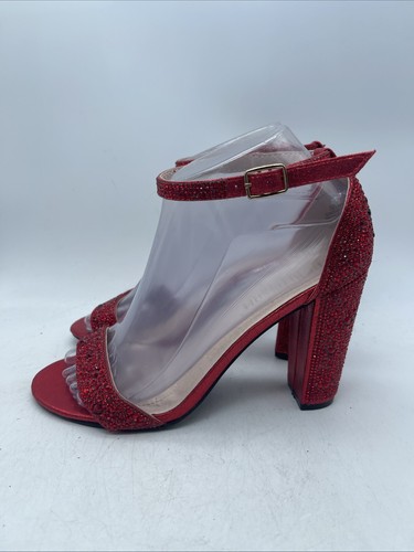 De Blossom Red Rhinestone Chunky Heels Ankle Strap Open Toe Size 7 - Picture 4 of 10